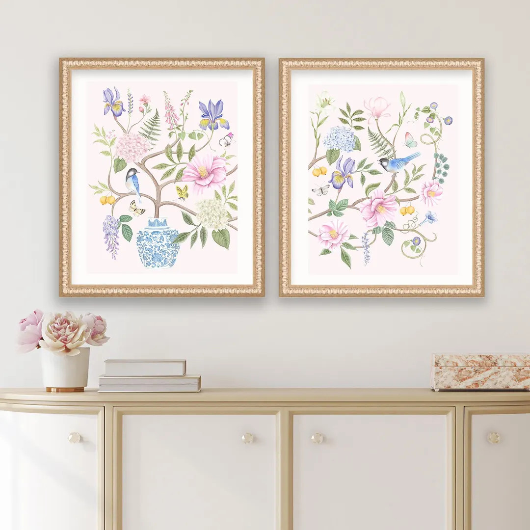 Set of Two Art Prints Chinoiserie Flowers With Birds and Butterflies // Nursery Decor // Girls Ro... | Etsy (US)