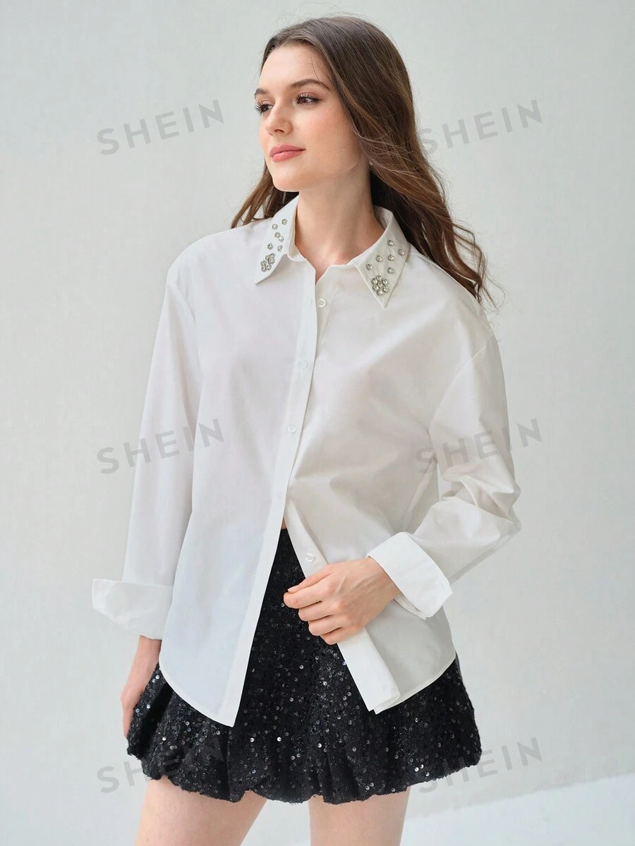 Enchnt Fall  Long-Sleeved Shirt, Romantic High-End Exquisite White Rhinestone Decorated Collar Lo... | SHEIN