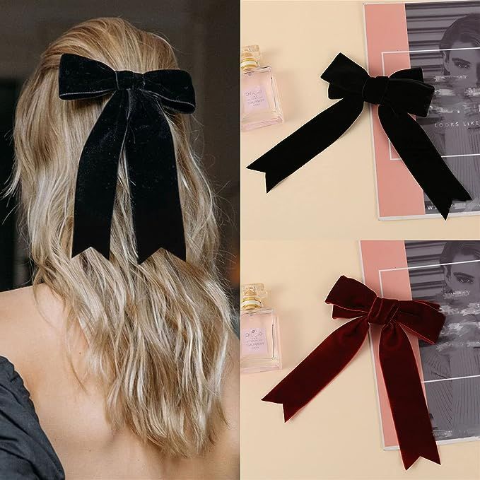 2Pcs Hair Clips, Vintage Large Velvet Hair Barrettes with Long Ribbon Big Bow Bowknot French for ... | Amazon (US)