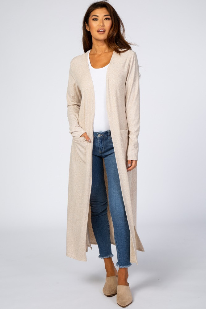 Beige Ribbed Long Sleeve Duster Cardigan | PinkBlush Maternity