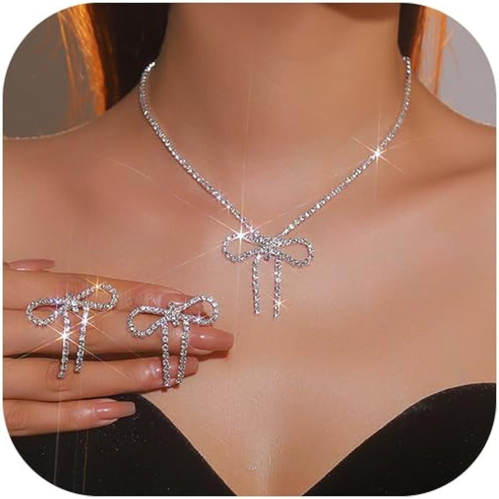 Dcfywl731 Bow Necklace Earrings Set for Women Trendy Silver Rhinestone Bow Pendant Necklace Cryst... | Amazon (US)