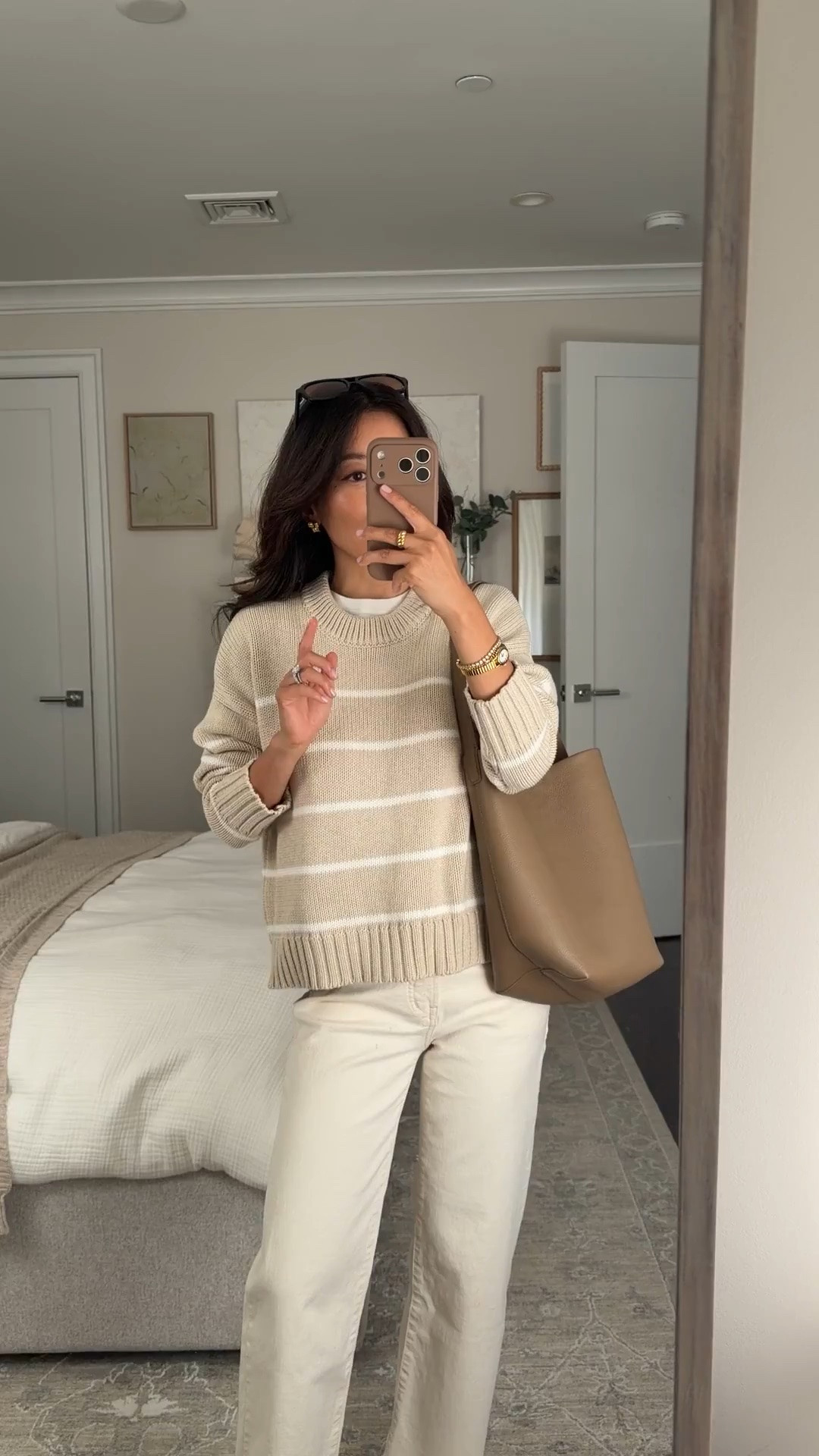 • Quince smaller bucket tote, nice size for petites, has a zippered pouch inside  
• Classic 100% cotton striped sweater XS, relaxed wider fit. Not too long for petites. 
• Madewell perfect vintage wide leg crop jean 24 short 
• Loeffler Randall sandals 5.5 
• Madewell sunglasses 

Petite friendly, transitional outfit, easy mom outfit, shoulder bag

#LTKPetite #LTKootd #LTKmomlife