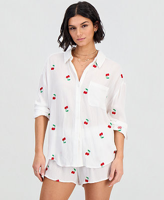 Women's Cherry Embroidered Button-Down Swim Shirt | Macy's