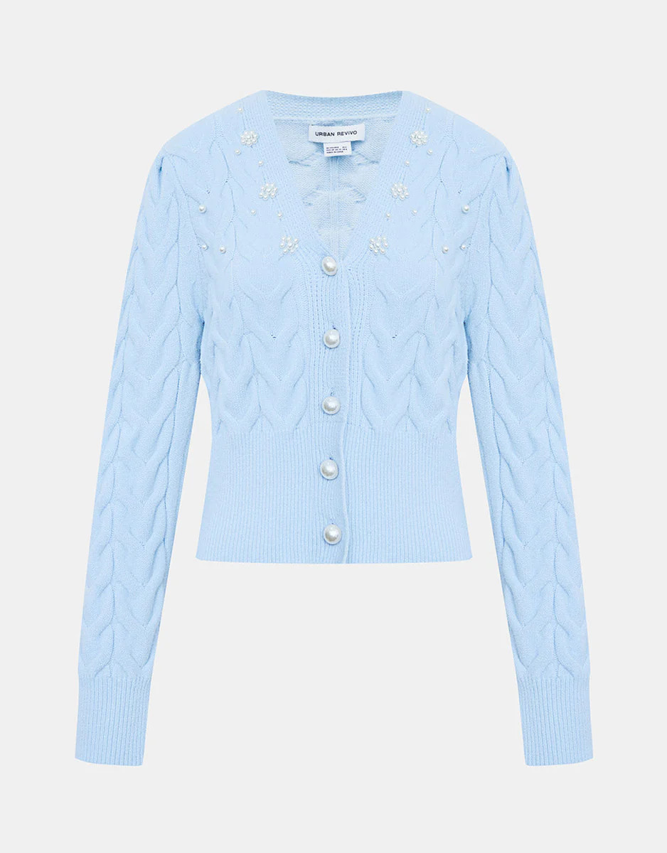 Faux Pearl Décor Cable Knit Cardigan | Urban Revivo