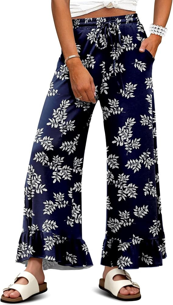 KISSMODA Womens Palazzo Lounge Pants Drawstring Elastic High Waisted Ruffle Hem Wide Leg Pants wi... | Amazon (US)