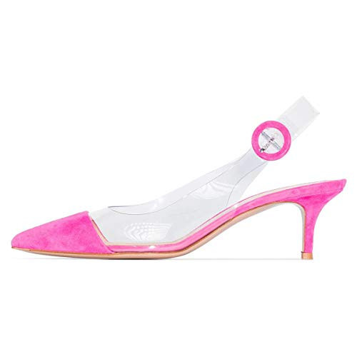 XYD Women Transparent Slingback Mid Kitten Heels Pumps Pointed Toe PVC Dress Sandals Clear Shoes with Buckle Size 8.5 Hot Pink | Amazon (US)