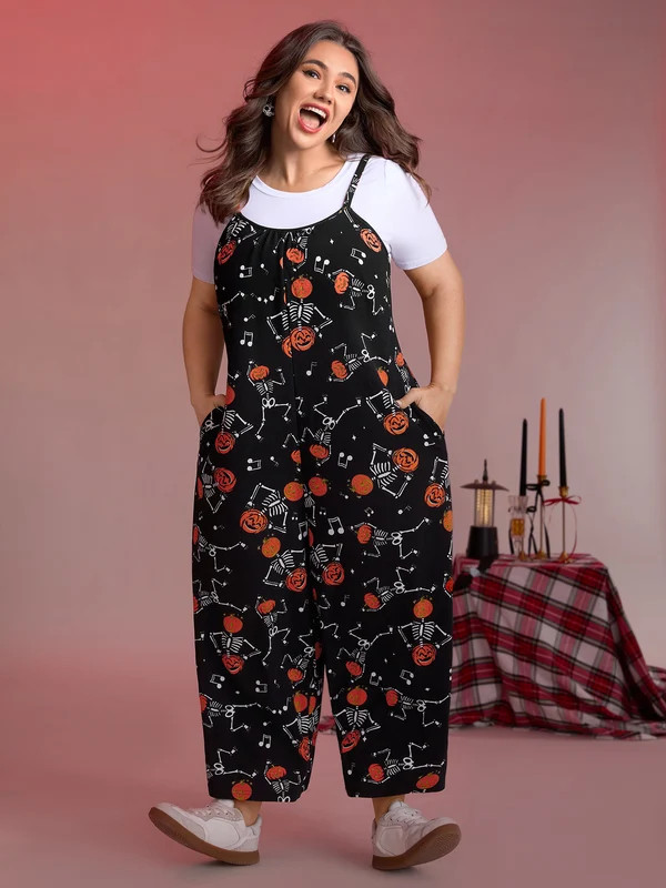 Scary Skeleton Print Cami Lounge Jumpsuit | Bloomchic