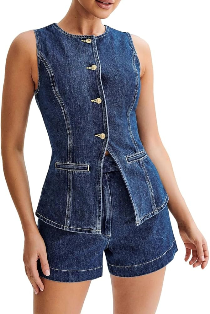 Women's Denim 2 Piece Set Casual Business Sleeveless Jean Blazer Vest Tops and High Waist Shorts ... | Amazon (US)