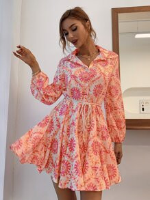 Allover Print Godet Hem Belted Shirt Dress
   SKU: swdress02210527980      
          (4124 Revie... | SHEIN