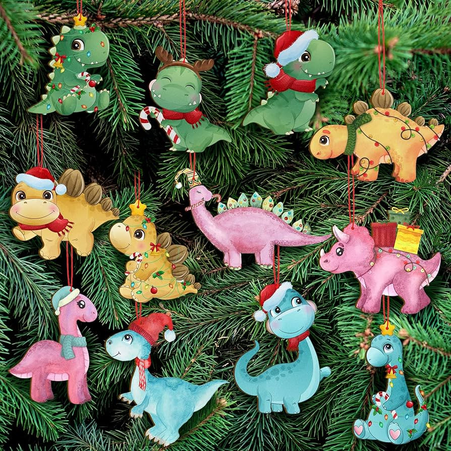 Weysat 12 Pcs Dinosaur Christmas Ornament Wooden Dinosaur Xmas Ornament Cute Hanging Dinosaur Chr... | Amazon (US)