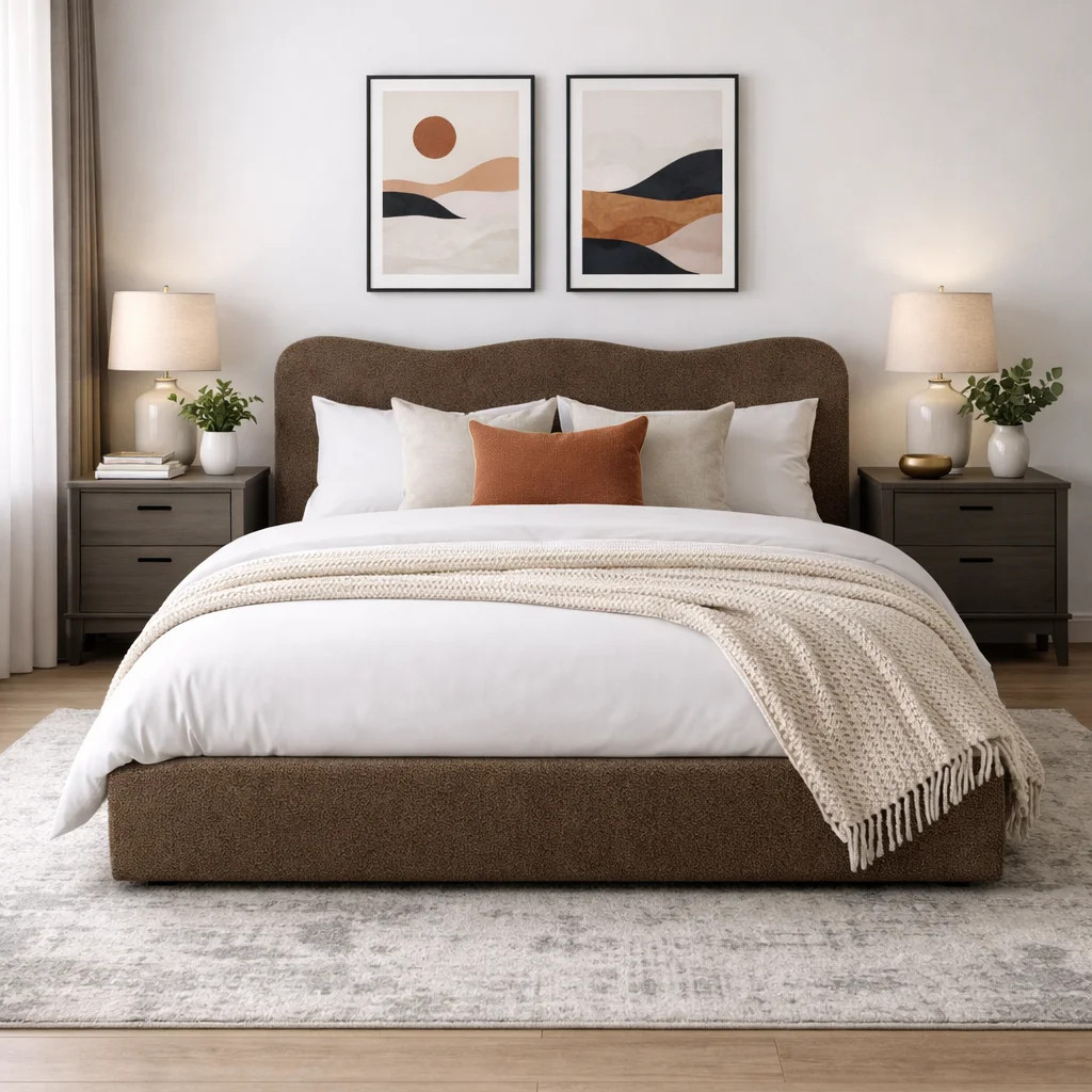 Curved Headboard Boucle Upholstered Platform Storage Bed With 4 Drawers,Coffee,Queen | Wayfair North America