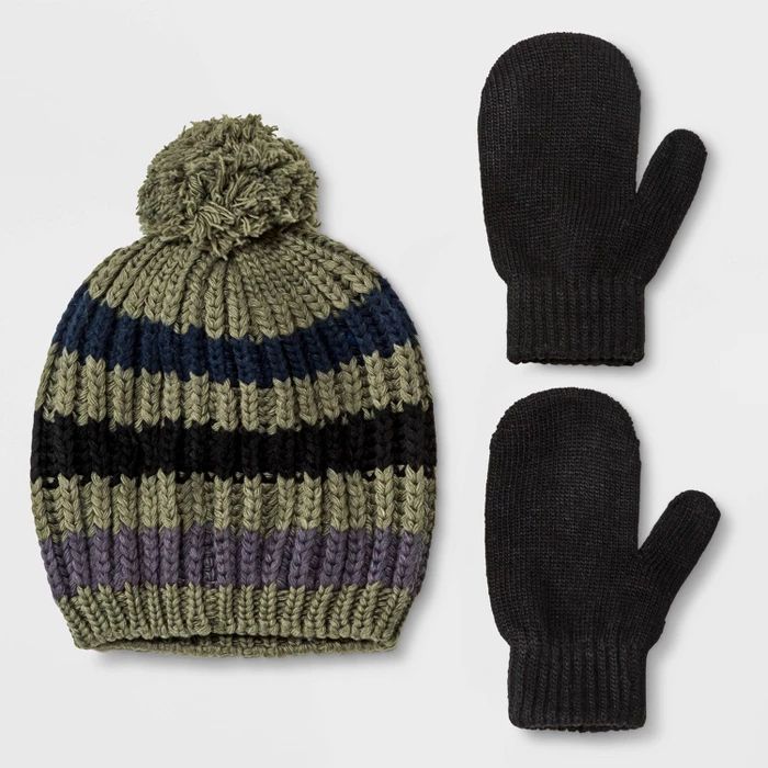 Toddler Boys' Striped Knit Pom Beanie and Mittens - Cat & Jack™ Green 2T-5T | Target