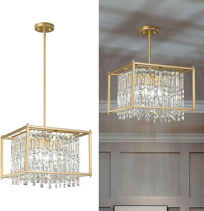 LMQNINE 4-Light Dining Room Light Fixture 15.74 inch Square Lndustrial Farmhouse Chandelier Gold ... | Amazon (US)