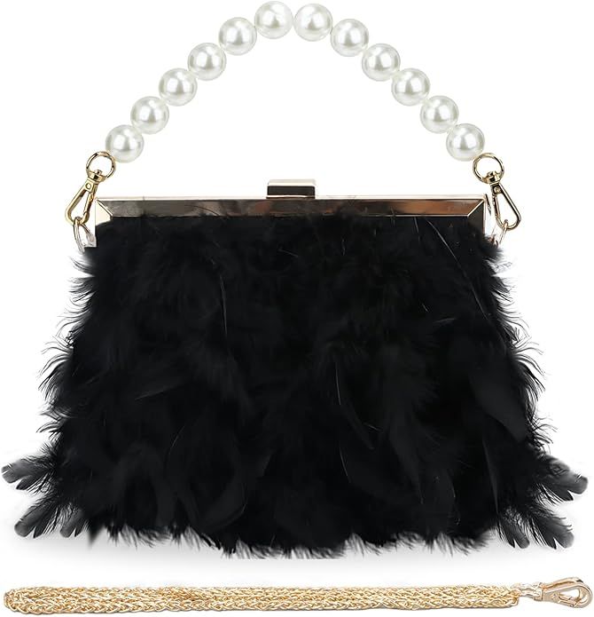 GOKTOW Black Feather Clutches Purses for Women Bag，Pearl Fluffy Evening Handbags for Wedding An... | Amazon (US)