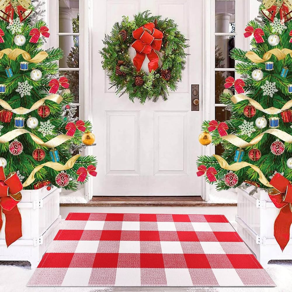 Fancyoung Red and White Plaid Rug - 28" x 43" Christmas Door Mats Red Outdoor Rug Cotton Hand-Wov... | Amazon (US)