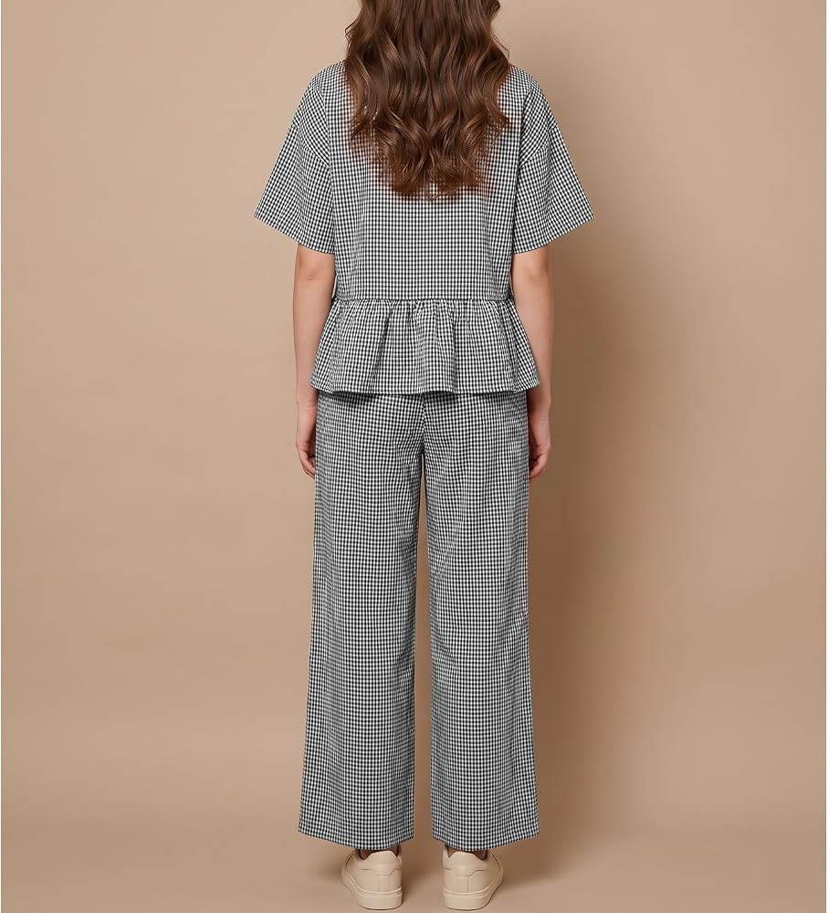 Gingham Pant Set Flounce Hem Loose Top Long Pants Sets | Amazon (US)