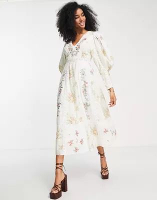 ASOS EDITION printed v front embroidered midi dress with lace inserts in cream | ASOS (Global)