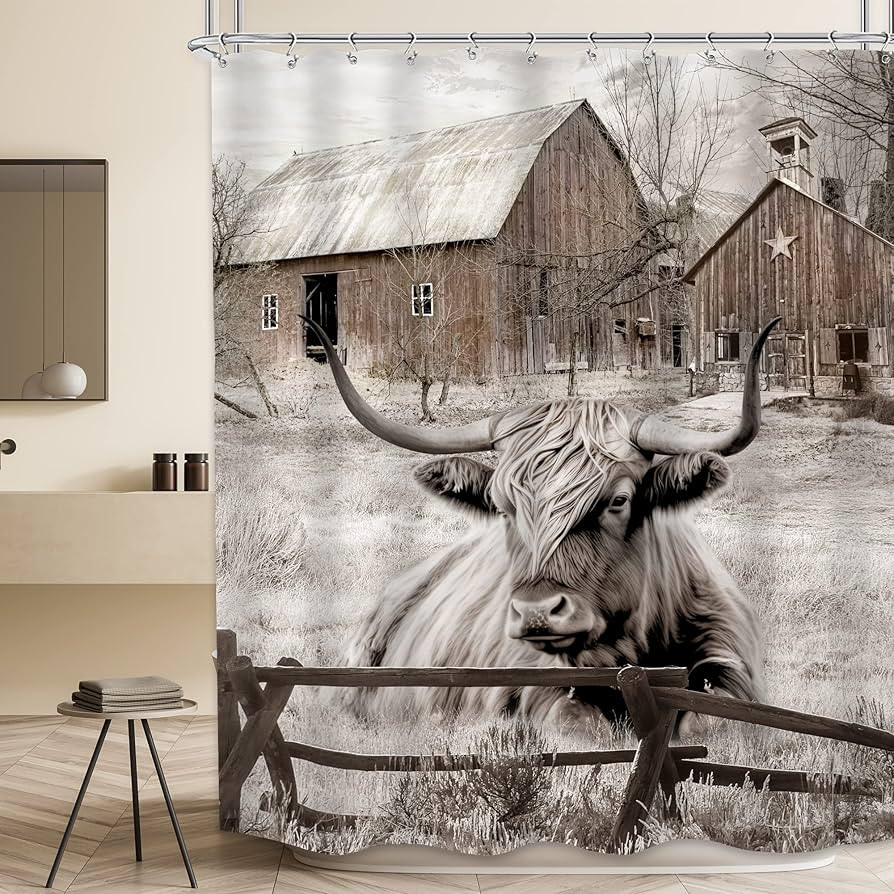 MESHELLY Funny Highland Cow Shower Curtain 60Wx72H Farmhouse Animal Rustic Bull Cattle Curtain fo... | Amazon (US)