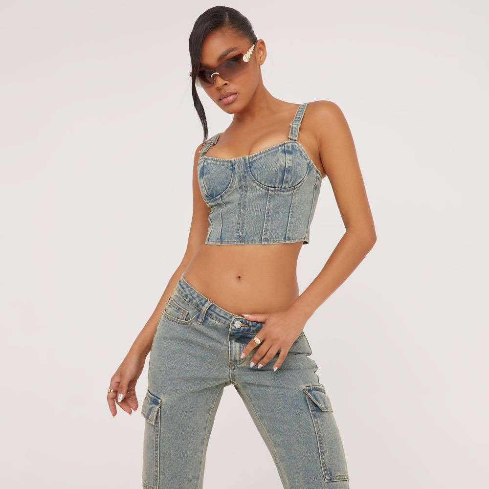 Buckle Strap Detail Structured Cropped Corset Top In Washed Blue Denim | EGO (UK)