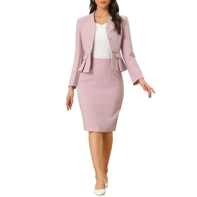 Allegra K Business 2 Piece Suit Set for Women's Long Sleeve Collarless Peplum Blazer Pencil Sheat... | Walmart (US)