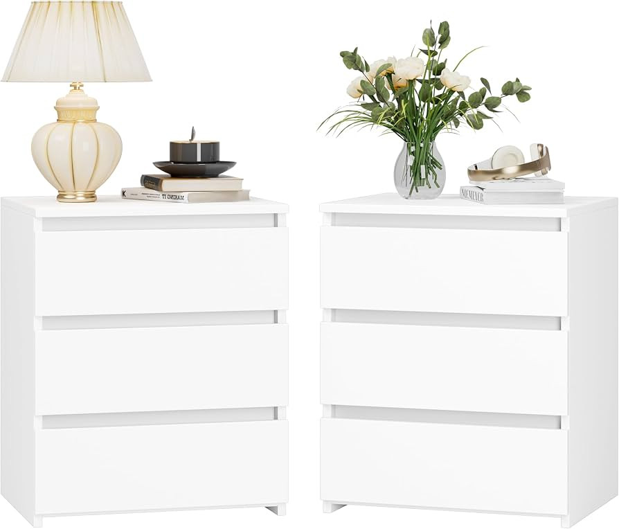 FOTOSOK Nightstand Set of 2 White Nightstand with 3 Drawers, White Bedside Table Night Stand for ... | Amazon (US)