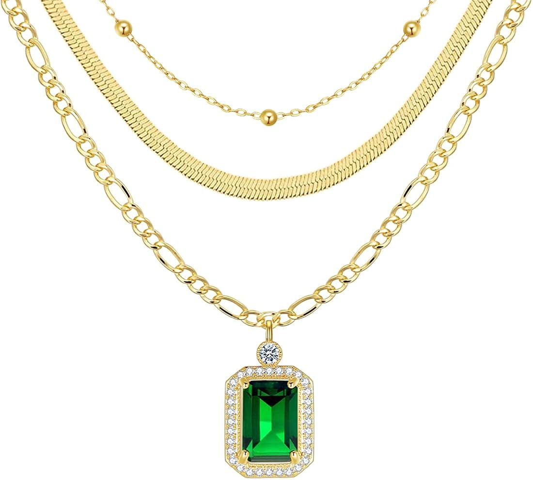 HAXIYA Gold Layered Necklace for Women 14k Gold Plated Emerald Pendant Necklaces for Teen Girls D... | Amazon (US)