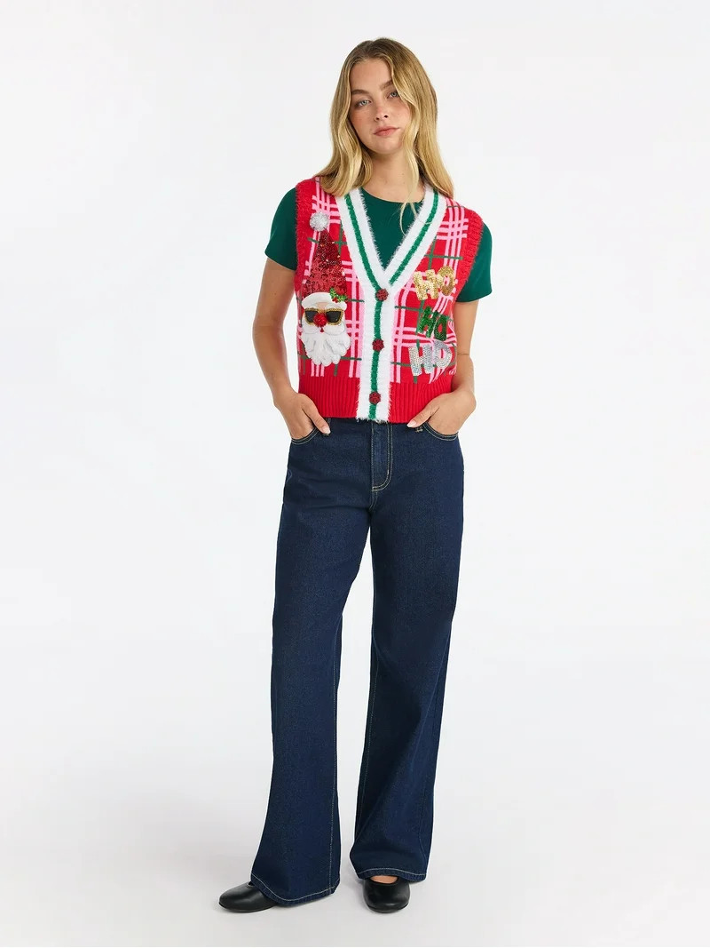 No Boundaries V-Neck Button Front Christmas Vest, Women’s | Walmart (US)