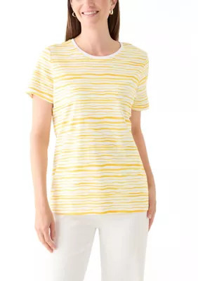 Kim Rogers Women's Short Sleeve Crew Neck Stripe Print T-Shirt, Yellow, Small | Belk