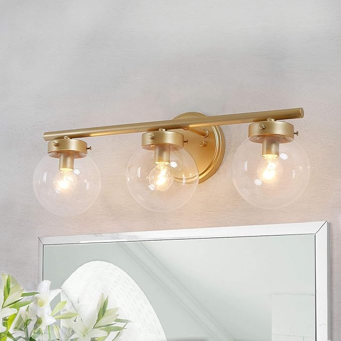 KSANA Bathroom Vanity Light Fixtures with Clear Globe Glass 19.5 (L) 6 (W) 7.5 (H), Gold | Amazon (US)