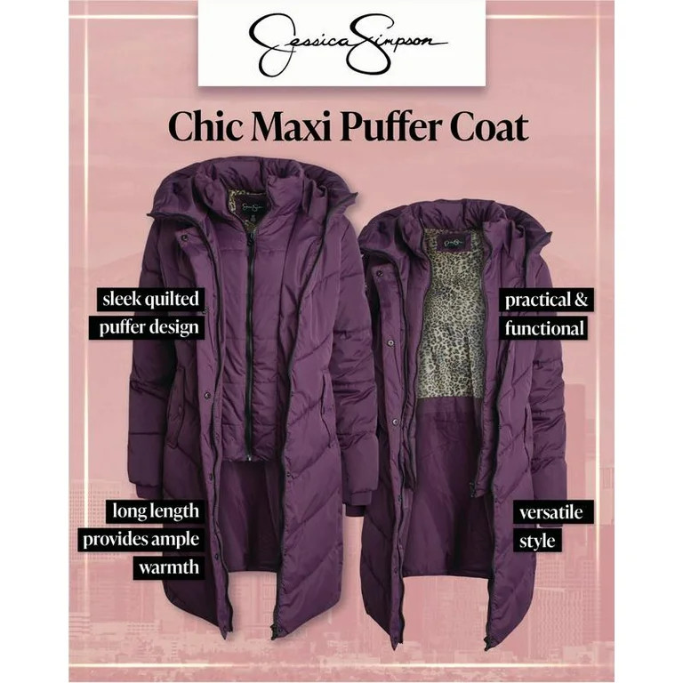 Jessica Simpson Women's Puffer Coat - Classy Long Maxi Puffer Jackets - Cozy Zip Up Hooded (S-XL) | Walmart (US)
