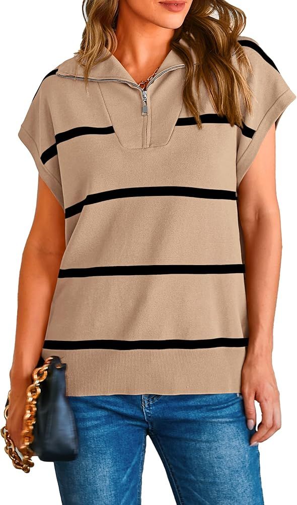 PRETTYGARDEN Women's Casual Striped T Shirts Cap Sleeve V Neck 1/4 Zip Basic Summer Tops Blouse | Amazon (US)