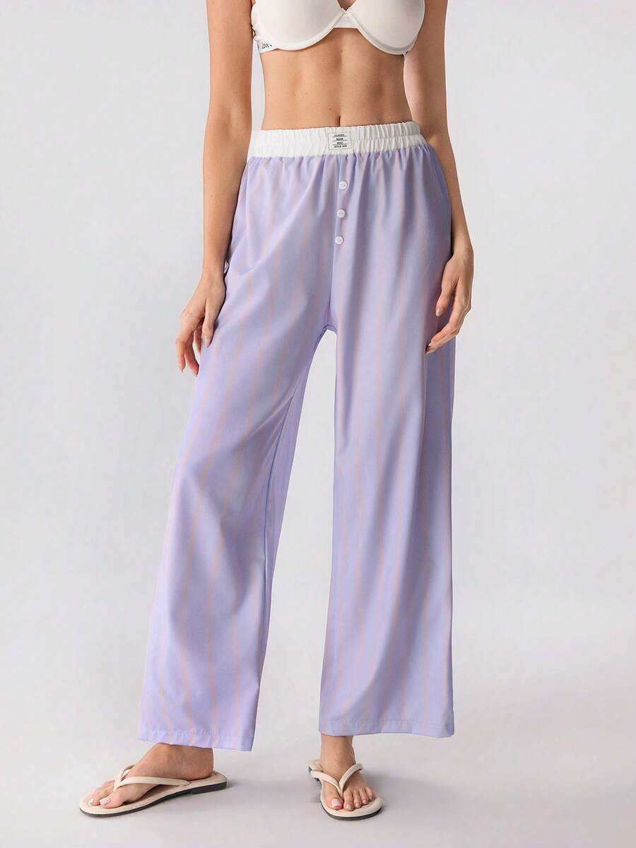 Loungeista 1pc Women Striped Elastic Waist Wide Leg Lounge Pants | SHEIN