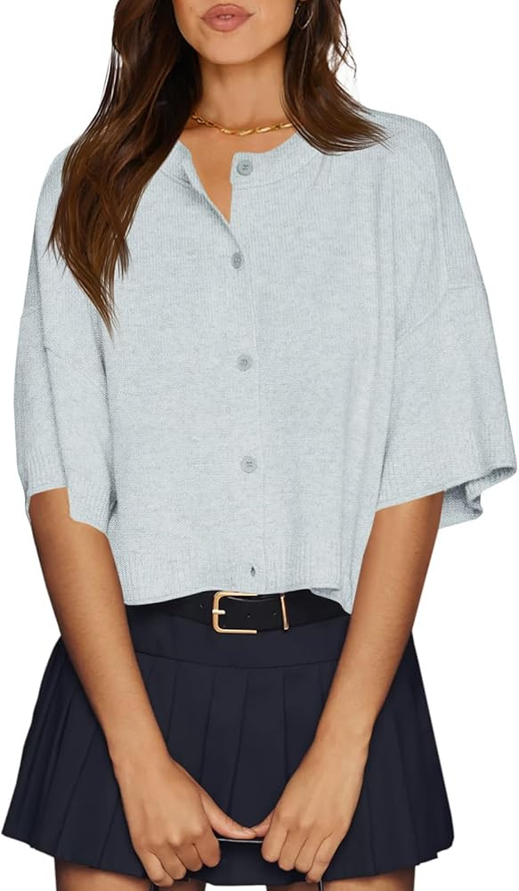 Cicy Bell Womens Half Sleeve Cardigan Sweaters Cropped Button Down Tops Oversized Lightweight Rib... | Amazon (US)