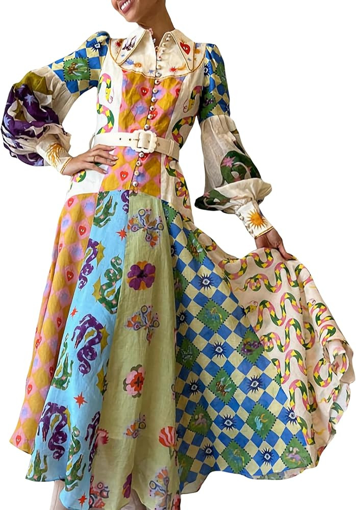 Womens Vintage Shirt Long Dress for Women Lantern Sleeve Autumn Graffiti High Waist Holiday Dress... | Amazon (US)
