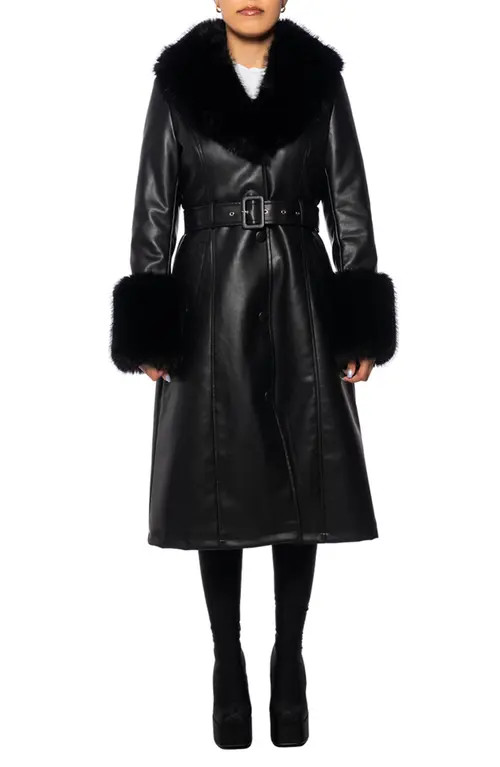 AZALEA WANG Belted Faux Leather Trench Coat with Faux Fur Trim in Black at Nordstrom, Size Large | Nordstrom