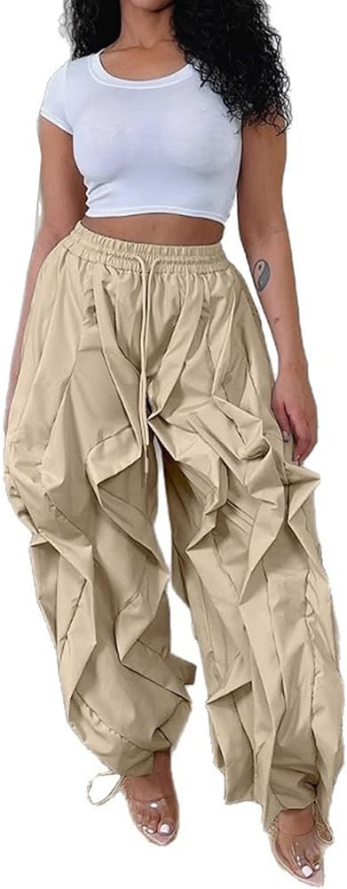 Women's Cargo Loose Pants Casual Baggy Elastic High Waisted Ruffle Barrel Patchwork Pants with Dr... | Amazon (US)