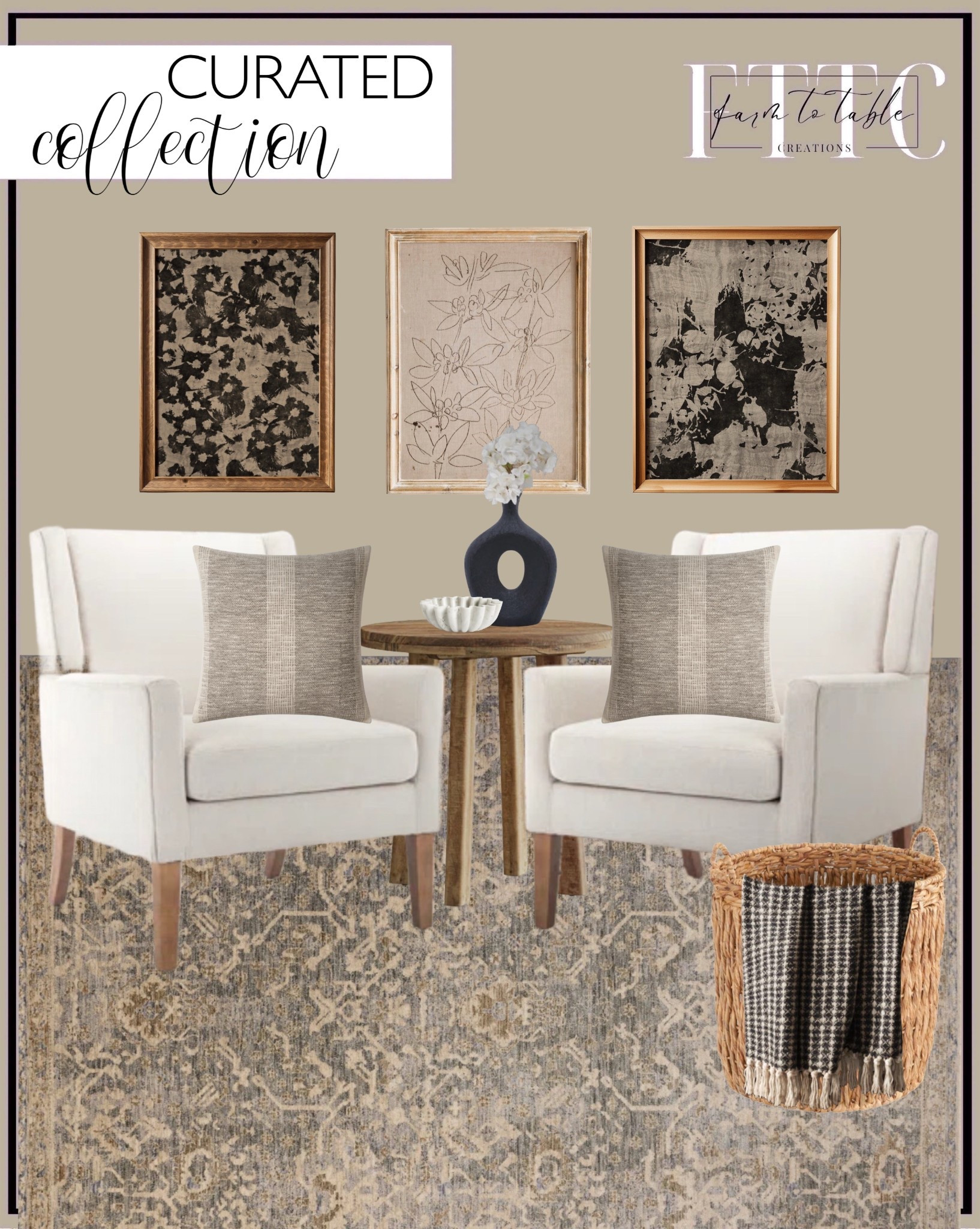 Curated Collection. Follow @farmtotablecreations on Instagram for more inspiration.

Upholstered accent armchairs. Magnolia Home x Loloi Junie Blue/Natural Area Rug. Pineview Solid Wood End Table. Bayou Breeze Artyom Wicker Basket. Angela Rose x Loloi Dusk Charcoal / Ivory Pillow. Stonewall Handmade Throw Blanket. Moody Botanical Textile Wall Art. Minimalist Floral Sketch Digital Art. Abstract Cut Out Sculptural Vase. Marble Decorative Bowl.

Sitting Room | Spring Decor | Entryway Decor | Bedroom Furniture | nightstands | Home Decor| Fireplace Decor | Spring Refresh |  Bedroom Finds | Neutral Stems | Spring Stems | Bookshelf Decor | Bedroom Space | Cozy Corner | Bathroom | Curated Entryway | Spring  Decor | End of Year Clearance | Trending Decor | Viral Decor  | Coffee Table Decor | Neutral Decor | Stem Sale | Target Finds | Skinny Bench | Bedroom | Living Room | Breakfast Nook | Amazon Home | Target Sale | Loloi Rugs | Magnolia Home | console table | console table styling | faux stems | entryway space | front porch decor | neutral decor | entryway decor | cozy home | affordable decor |  home decor | home inspiration | console styling | entryway rug | cozy moody home | moody home decor | neutral home | bathroom decor | living room | spring decor | Hearth & Hand | Studio McGee | 2025 Home Trends | trending home | Crate&Barrel 



#LTKHome #LTKSaleAlert #LTKFindsUnder50