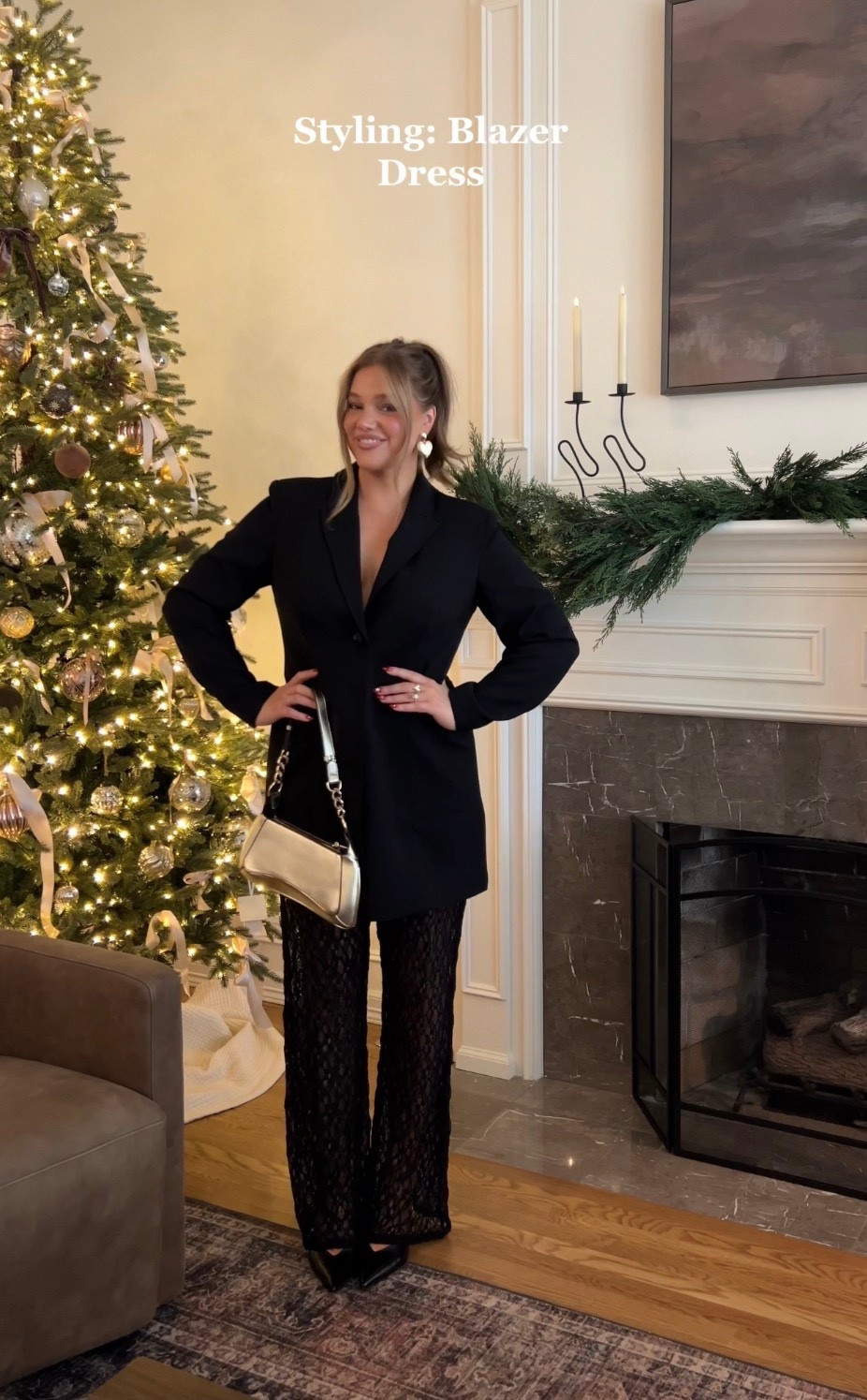 Holiday style inspiration, black lace pants, black blazer dress, black kitten heels and gold heart earrings. 

#blazer #blazerdress #holidaystyle #holidayoutfit #lacepants 



#LTKHoliday #LTKootd