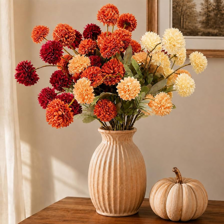 12Pcs Artificial Mums Fall Flowers Decor, Fake Kiku Pompon Chrysanthemum | Amazon (US)
