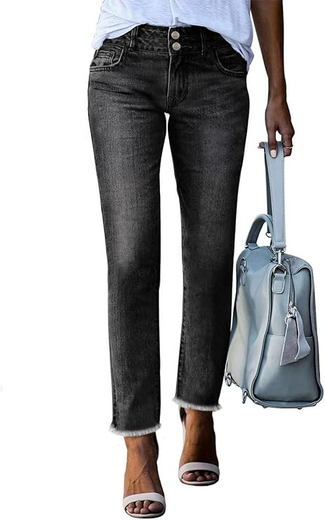 Sidefeel Women's High Waisted Jeans Strechy Raw Hem Straight Leg Denim Pants with Pockets | Amazon (US)