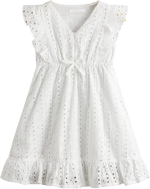 MakeMeChic Girl's Ruffle Cap Sleeve V Neck Eyelet A Line Ruffle Party Dress | Amazon (US)