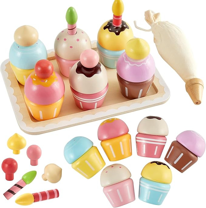 HERSITY Wooden Cupcakes Toys Pretend Play Food Desserts Kids Baking Set, Kitchen Playset for Todd... | Amazon (US)