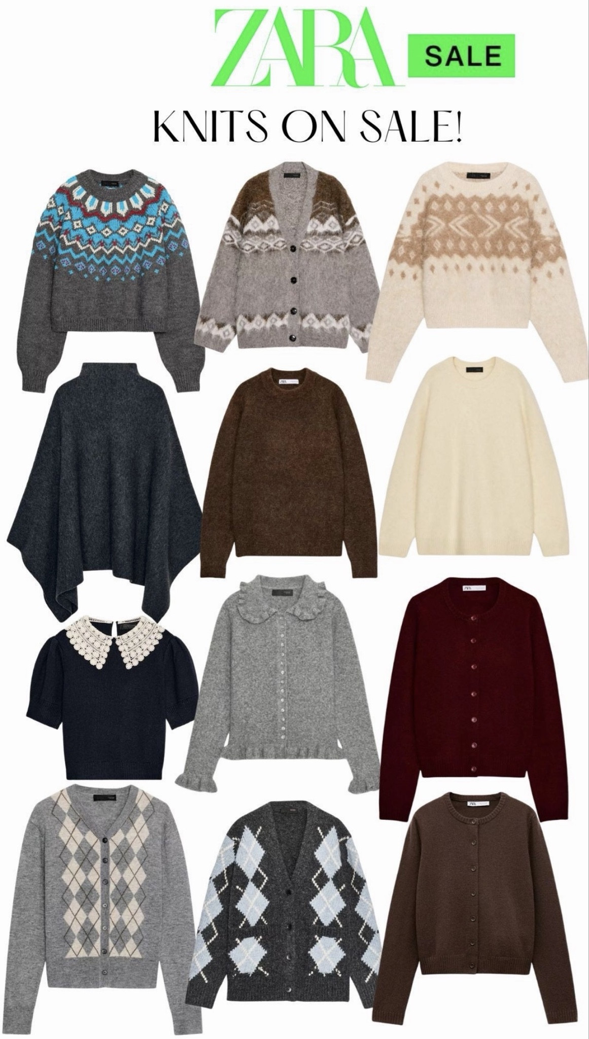 ZARA Sale is LIVE! 30% OFF Knitwear 
Shop neutrals, jacquard, argyle and cashmere sweaters, Peter Pan collar, cardigans, and more! Stock up for winter and spring 
#zara #sale #sweater #cardigan #cashmere #jaquard #argyle #graphic #brown #espressobrown #burgundy #butteryellow #cape #grey #deal #deals 