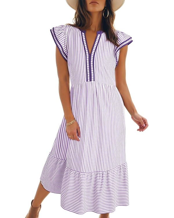 Dokotoo Womens Dresses 2026 Summer V-Neck Ruffle Cap Sleeve Empire Waist Flowy Striped Beach Midi... | Amazon (US)