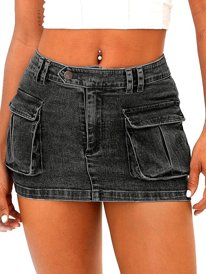 Women's Low Waist Mini Cargo Skirt Y2K, High-Stretch Bodycon Button Denim Skirt with Pockets | Amazon (US)