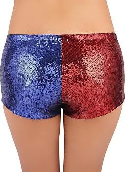 HDE Women's Red and Blue Metallic Sequin Booty Shorts for Harley Misfit Halloween Costume | Amazon (US)