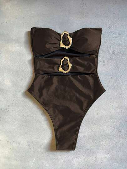 New Arrival Spring/Summer Elegant Sexy Hollow-Out Black One-Piece Swimsuit, Fashionable For Beach... | SHEIN