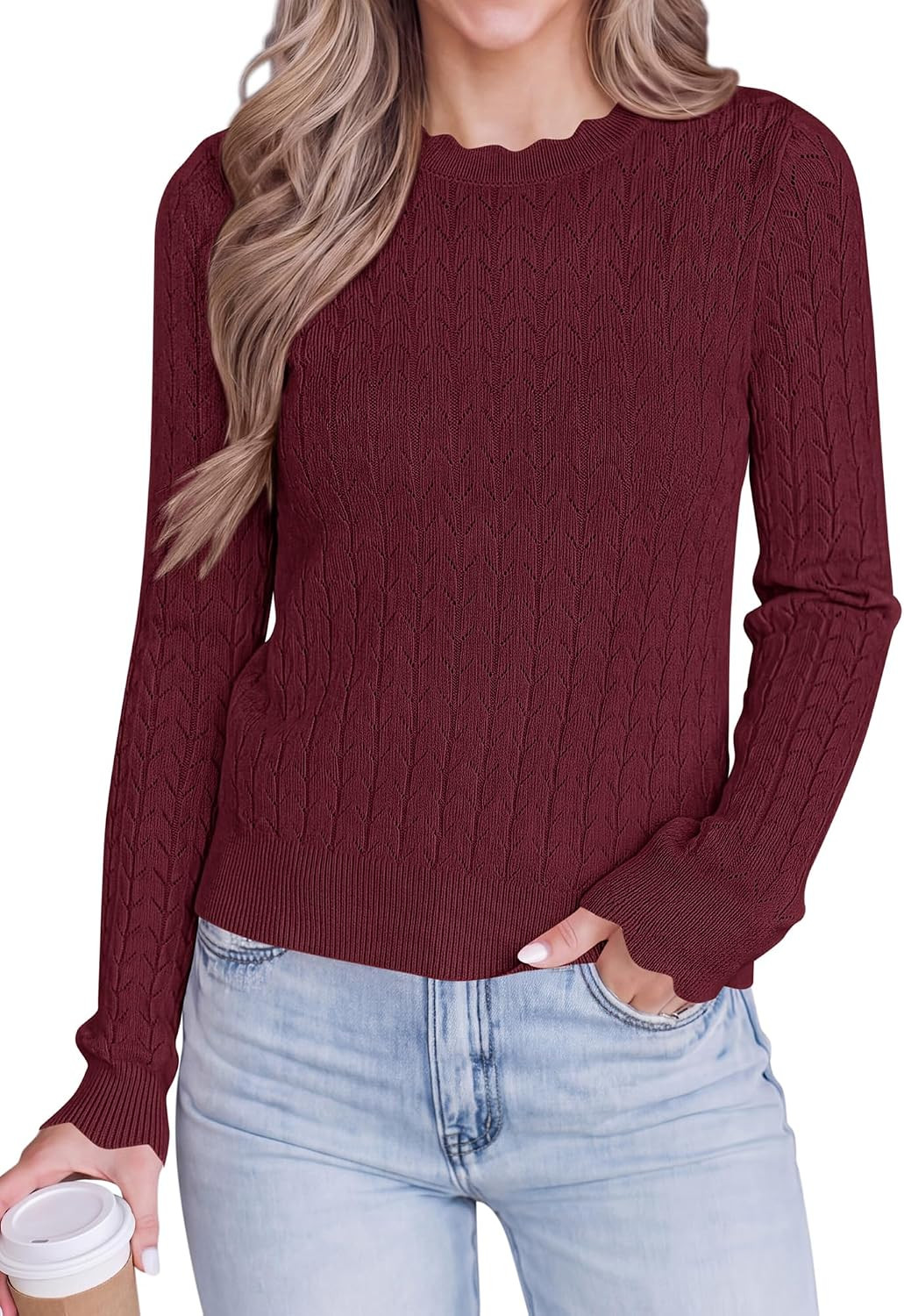 KIRUNDO Crochet Sweaters for Women Scalloped Cropped Sweater | Amazon (US)