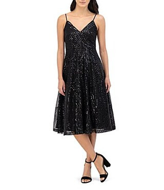 Vince Camuto Sequin V-Neck Sleeveless Fit and Flare Midi Dress - 14 | Dillard's