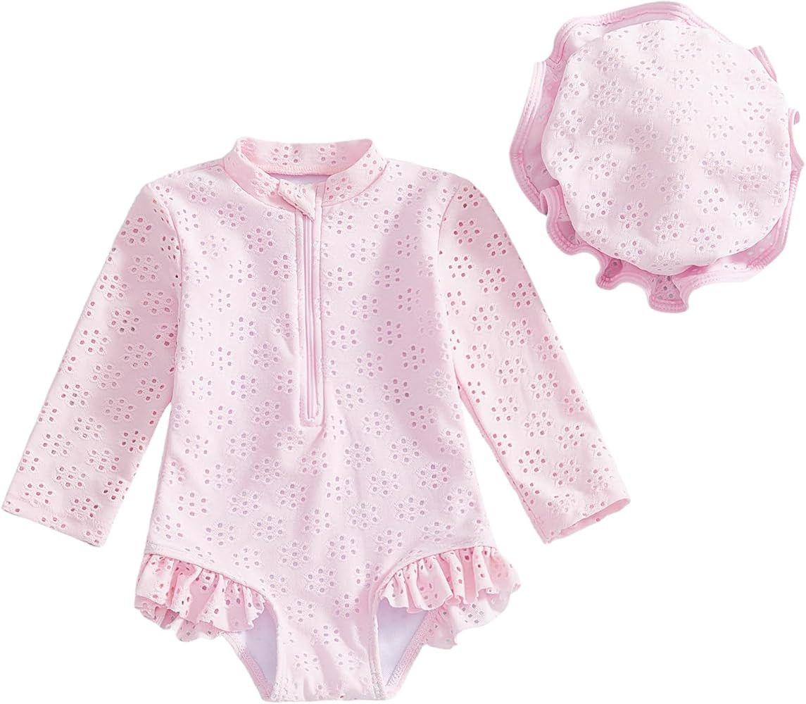 Yccutest Toddler Girl Solid Swimsuit Baby Long Sleeve Rash Guard Bathing Suit Girl One Piece Holl... | Amazon (US)